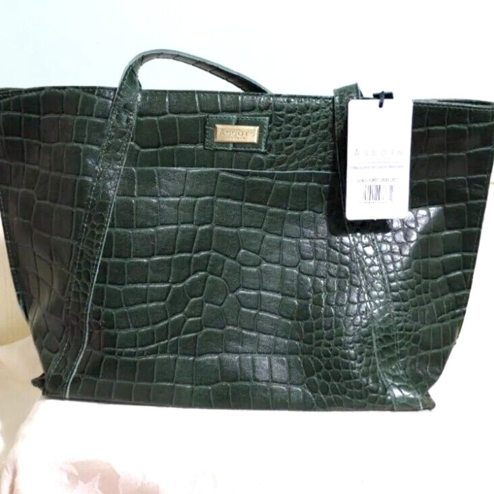 NEW Assots London AGNES Forest Green Croc 100% Leather Satchel Handbag Purse Zip